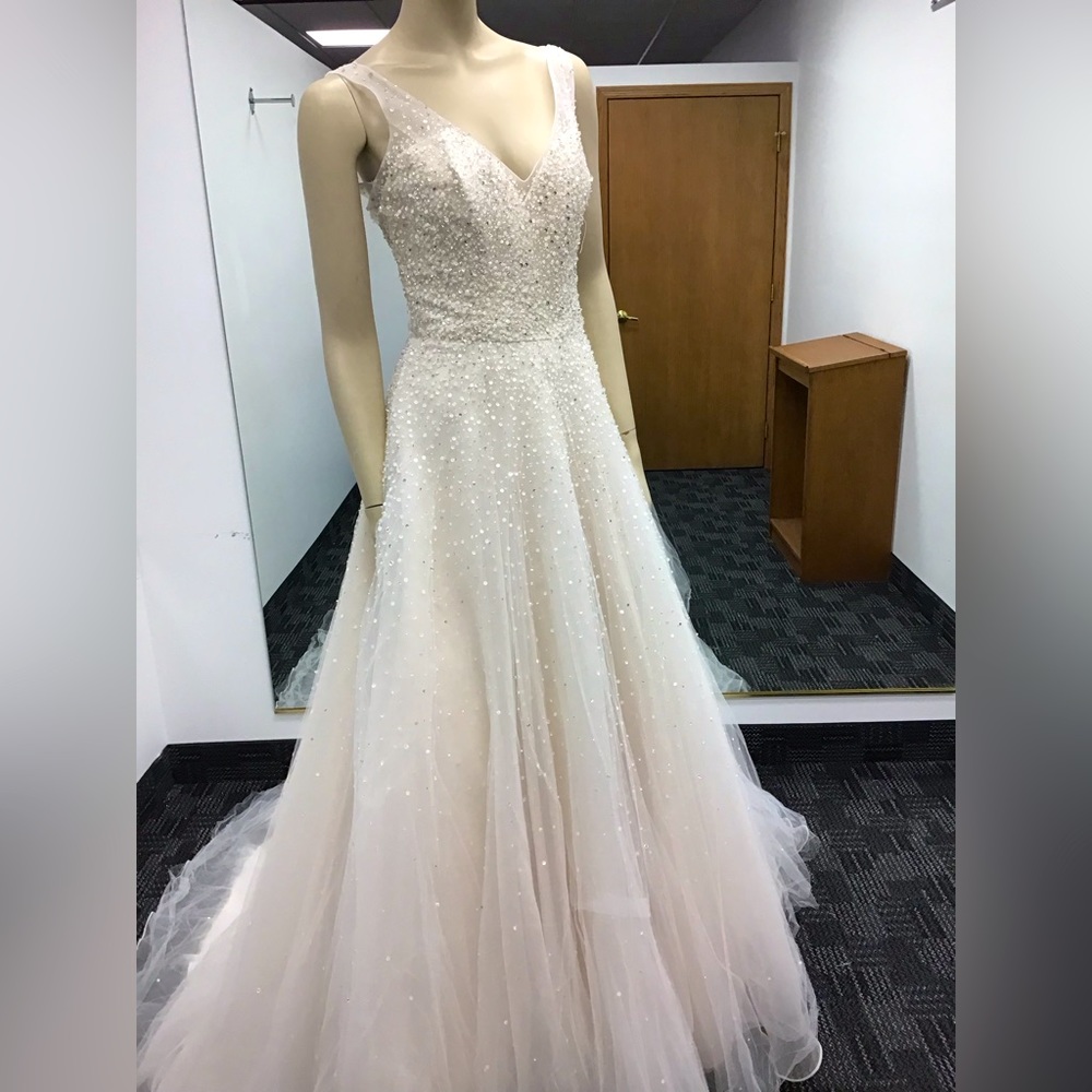 Morilee #5376 V-neck beaded tulle wedding gown, Lt Gold color size 8